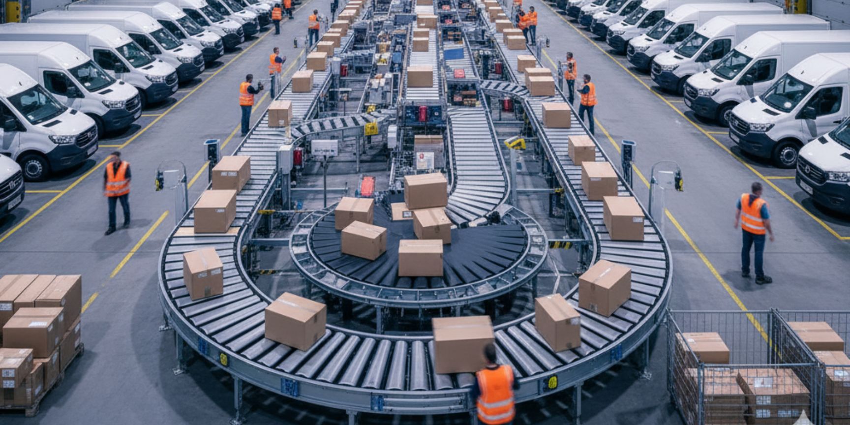Dynamic view of a CEP distribution center at night, with packages on conveyor belts and numerous parked vans waiting to be loaded, illustrates the hustle and bustle and scale of parcel sorting and delivery.